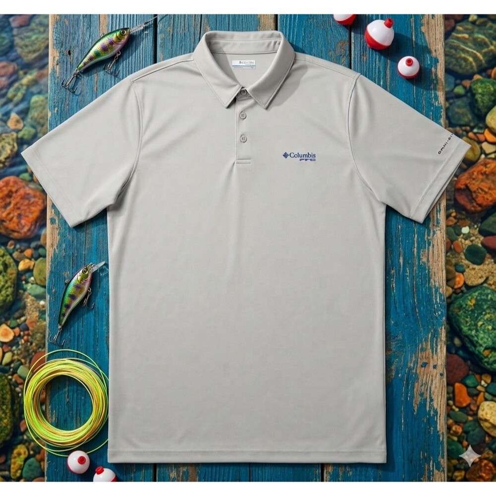 Columbia PFG Omni‑Shade Polo Men’s L Tall Gray Fishing Shirt PFG Logo Back